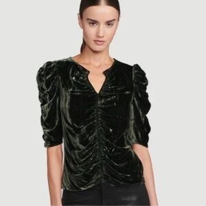 FRAME Kate Velvet Ruched Keyhole Top Puff Sleeves Forest Green whimsygoth